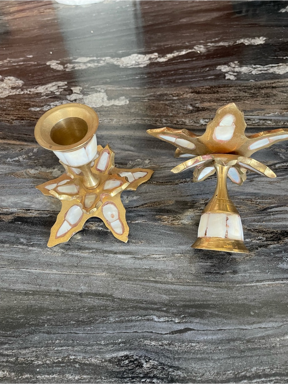 Brass and Mother-of-Pearl Star Candle Holders - Set of 2